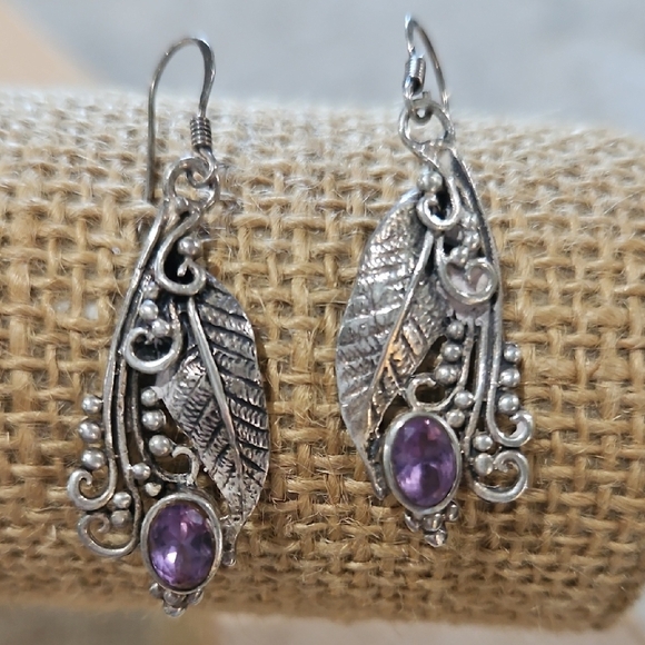 Elegant Sterling Silver and Purple Amethyst Leaf Earrings - Picture 1 of 3